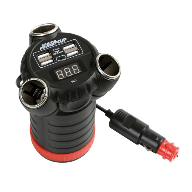 Multi-Power Cup, 3 connessioni accendino + 4 USB e voltmetro, 12/24/36V