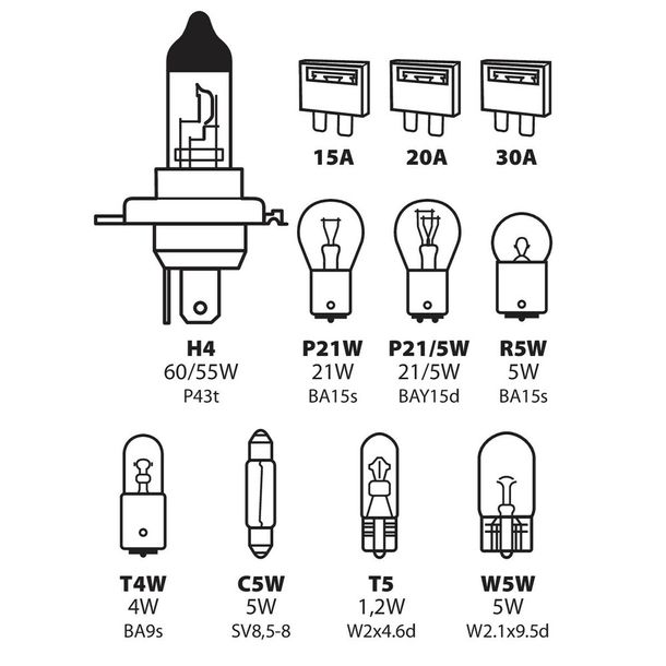 Lamp Kit Replacement Lamps 11 pcs, Halogen H4 - 12V