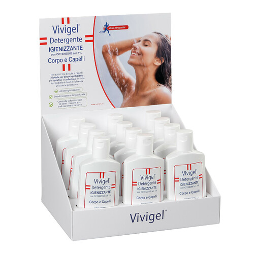 Vivigel, espositore da banco incluso 12 pezzi del disinfettante per la cura del corpo e dei capelli da 200 ml.