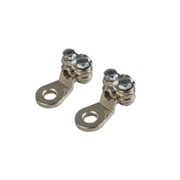 Jeu de 2 cosses à sertir en laiton nickelé, avec platine de fixation de câble - section 25 mm², perçage 8 mm