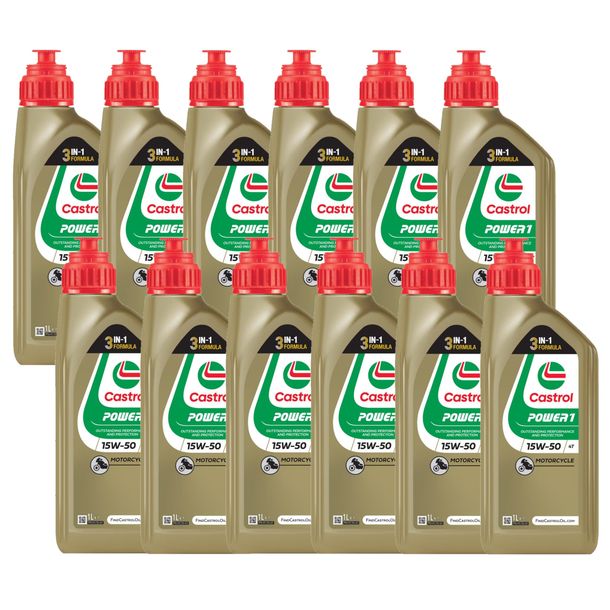 12x Castrol Motor Oil POWER1 15W-50 HC-Synthesis 4-Stroke 1L for Motorcycles
