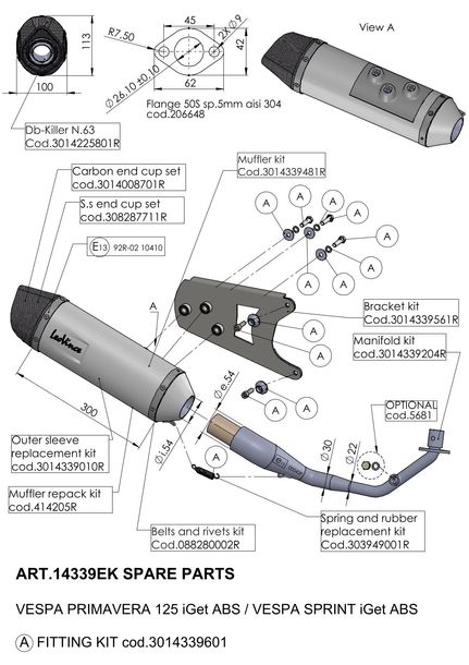 Endschalldämpfer LeoVince Auspuff-Ersatzteil 10410, Ø 54mm 300mm für LV ONE EVO