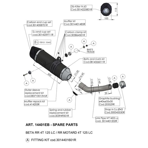 Uitlaatdemper LeoVince vervangingsonderdeel, zwart, 300mm 45mm > 35mm voor LV ONE