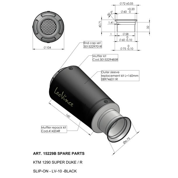 Uitlaatdemper LeoVince vervangingsonderdeel, roestvrij staal zwart voor LV-10 Black Edition