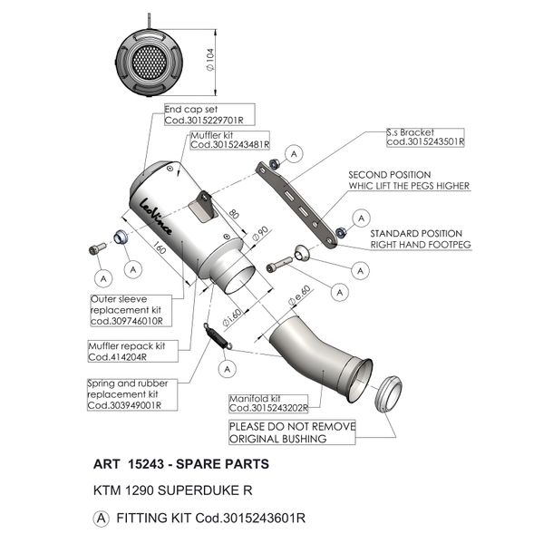 LeoVince silencer exhaust replacement part, stainless steel, Ø 60mm 160mm, right for LV-10