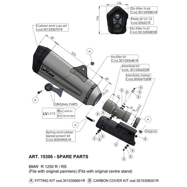 Silencieux d'échappement LeoVince pièce de rechange, acier inoxydable, droit pour LV-12, BMW R 1250 R / RS