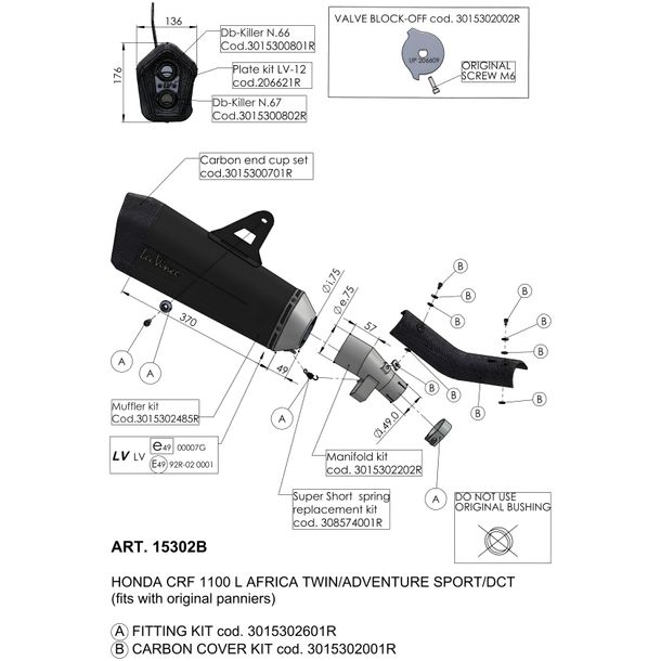 Silenziatore LeoVince ricambio scarico, nero, destro per LV-12, Honda Africa Twin