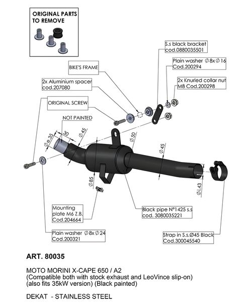 Tubo de escape LeoVince tubo de conexión sin catalizador sin homologación, acero inoxidable negro para Moto Morini X-Cape / A2 650 año 2021 - 2023 E5