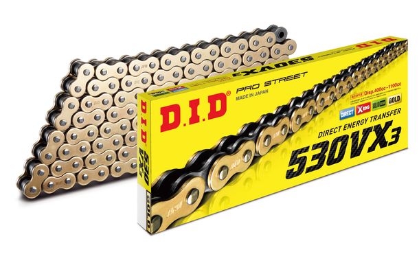 Kette DID X-Ring 530VX3 / 70 Nietenschloss ZJ gold / schwarz (5/8 x 3/8 x 10,16)