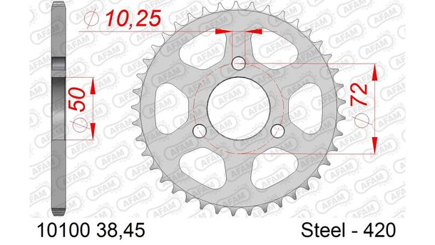 Kettenrad AFAM 420 LK 72 Ø 50 45Z 3-Loch Stahl silber