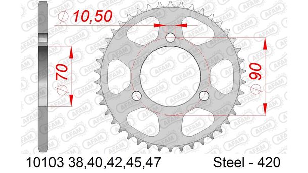 AFAM 420 LK 90 Ø 70 40Z 3-hole steel sprocket silver