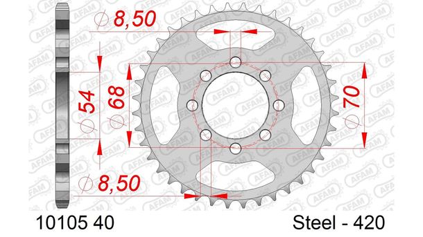 Kettenrad AFAM 420 LK 70 Ø 54 40Z 4-Loch Stahl silber