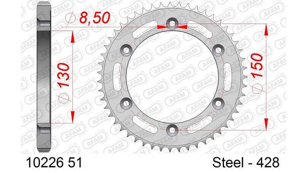 Kettenrad AFAM 428 LK 150 Ø 130 51Z 6-Loch Stahl silber