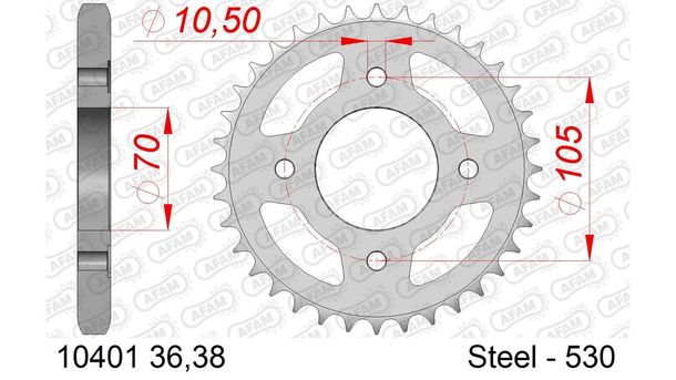 Kettenrad AFAM 530 LK 105 Ø 70 36Z 4-Loch Stahl silber