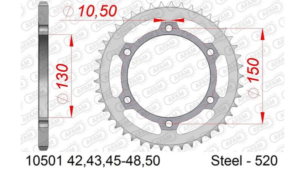 AFAM 520 LK 150 Ø 130 50Z 6-hole steel sprocket silver