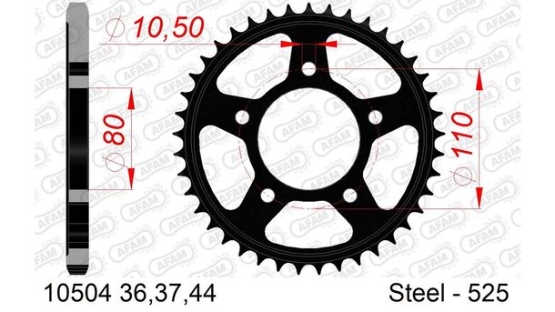 Piñón de acero AFAM 525 LK 110 Ø 80 36Z negro con 5 orificios