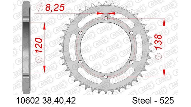 AFAM 525 LK 138 sprocket Ø 120 38Z 6-hole steel silver