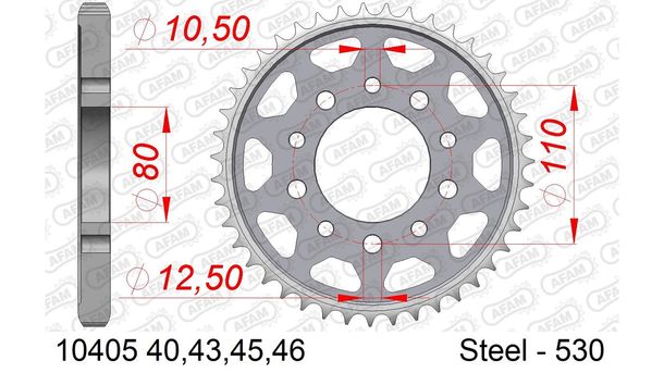Piñón AFAM 530 LK 110 Ø 80 46Z acero plateado con 5 orificios