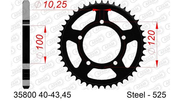 Piñón de acero AFAM 525 LK 120 Ø 100 41Z negro con 5 orificios