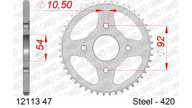 Kettenrad AFAM 420 LK 92 Ø 54 47Z 4-Loch Stahl silber
