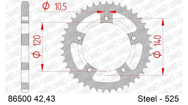 Piñón AFAM 525 LK 140 Ø 120 43Z acero plateado con 5 orificios