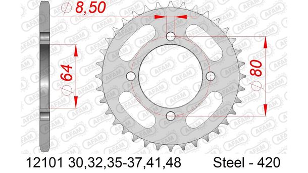 Kettenrad AFAM 420 LK 80 Ø 64 35Z 4-Loch Stahl silber