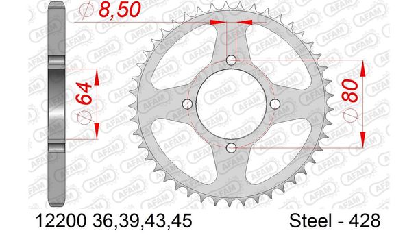 Kettenrad AFAM 428 LK 80 Ø 64 45Z 4-Loch Stahl silber