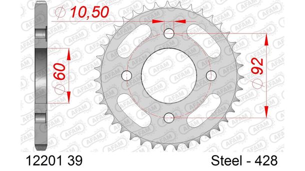 Kettenrad AFAM 428 LK 92 Ø 60 39Z 4-Loch Stahl silber