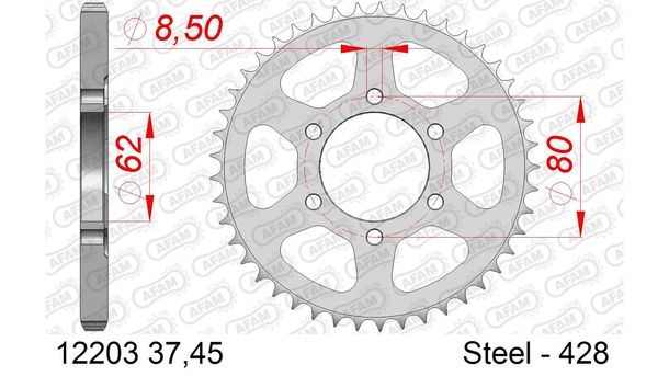 AFAM 428 LK 80 Ø 62 45Z 6-hole steel sprocket silver