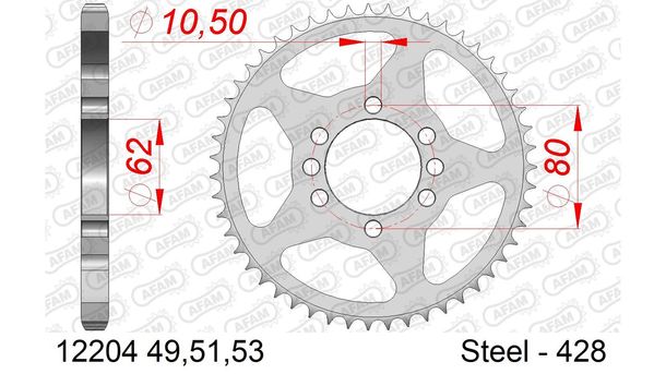 AFAM 428 LK 80 Ø 62 51Z 4-hole steel sprocket silver
