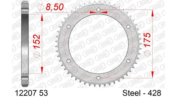 Kettenrad AFAM 428 LK 175 Ø 152 53Z 6-Loch Stahl silber