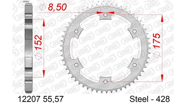 Kettenrad AFAM 428 LK 175 Ø 152 57Z 6-Loch Stahl silber