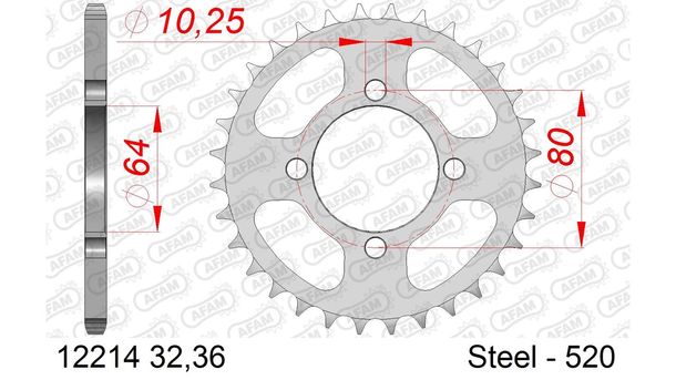 AFAM 520 LK 80 Ø 64 36Z 4-hole steel sprocket silver