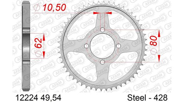 Kettenrad AFAM 428 LK 80 Ø 62 54Z 4-Loch Stahl silber