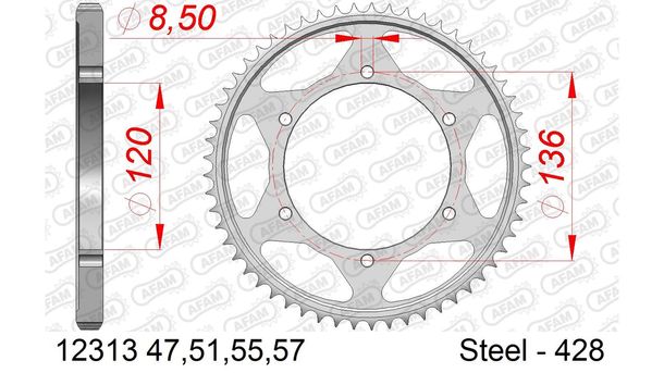 Kettenrad AFAM 428 LK 136 Ø 120 57Z 6-Loch Stahl silber