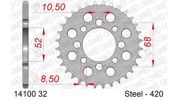 AFAM 420 LK 68 Ø 52 32Z 4-hole steel sprocket silver