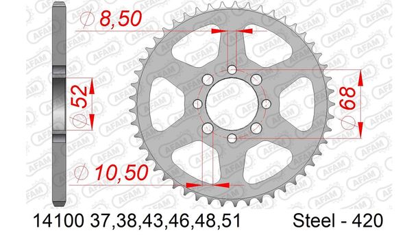 AFAM 420 LK 68 sprocket Ø 52 51Z 4-hole steel silver