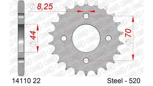 Piñón de acero AFAM 520 LK 70 Ø 44 22Z plateado