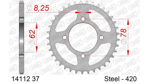 AFAM 420 LK 78 Ø 62 37Z 4-hole steel sprocket silver