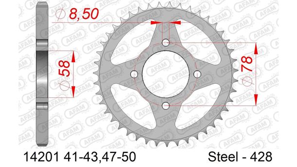 Piñón de acero AFAM 428 LK 78 Ø 58 47Z plateado con 4 orificios