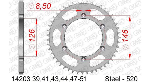 Piñón AFAM 520 LK 146 Ø 126 41Z acero plateado con 6 orificios