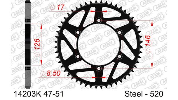 Kettenrad MX AFAM 520 LK 146 Ø 126 51Z 6-Loch Stahl schwarz