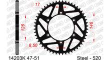 Pignon en acier MX AFAM 520 LK 146 Ø 126 51Z 6 trous noir
