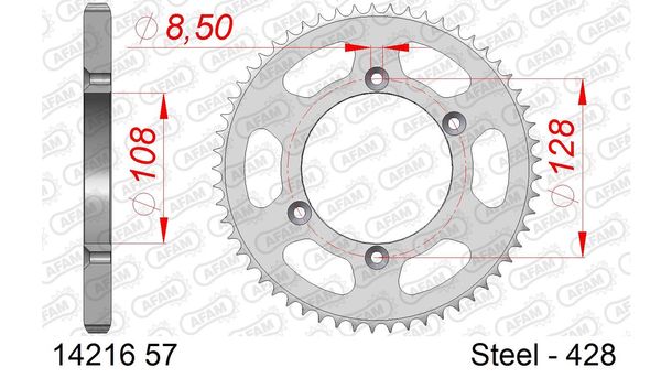 Kettenrad AFAM 428 LK 128 Ø 108 57Z 4-Loch Stahl silber