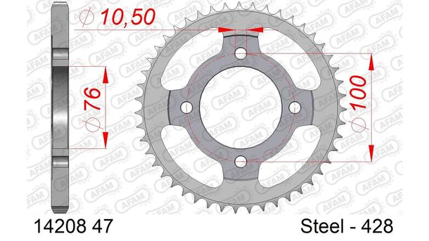 Kettenrad AFAM 428 LK 100 Ø 76 47Z 4-Loch Stahl silber