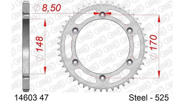 Kettenrad AFAM 525 LK 170 Ø 148 47Z 6-Loch Stahl silber