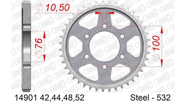 Piñón AFAM 532 LK 100 Ø 76 42Z acero plateado con 6 orificios