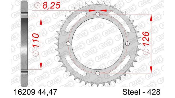 Kettenrad AFAM 428 LK 126 Ø 110 47Z 4-Loch Stahl silber