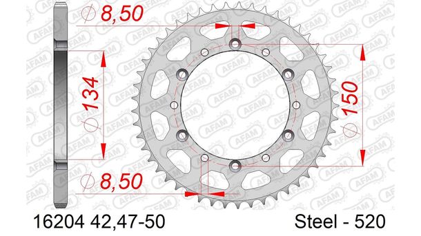 AFAM 520 LK 150 Ø 134 42Z 6-hole steel sprocket silver