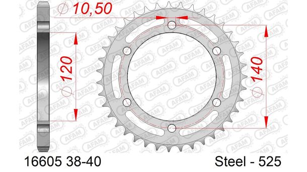 Kettenrad AFAM 525 LK 140 Ø 120 38Z 6-Loch Stahl silber